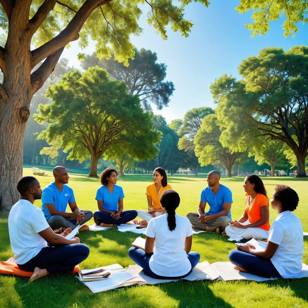 A serene and empowering scene featuring a diverse group of people engaged in a positive discussion about health and wellness, surrounded by nature. The background should include elements like a sunlit park with trees, a clear blue sky, and symbols of medical guidance like books and healthy foods. Each person should represent different cultures, highlighting inclusivity in healthcare. The atmosphere should be uplifting and inspiring. super-realistic. vibrant colors. natural setting.