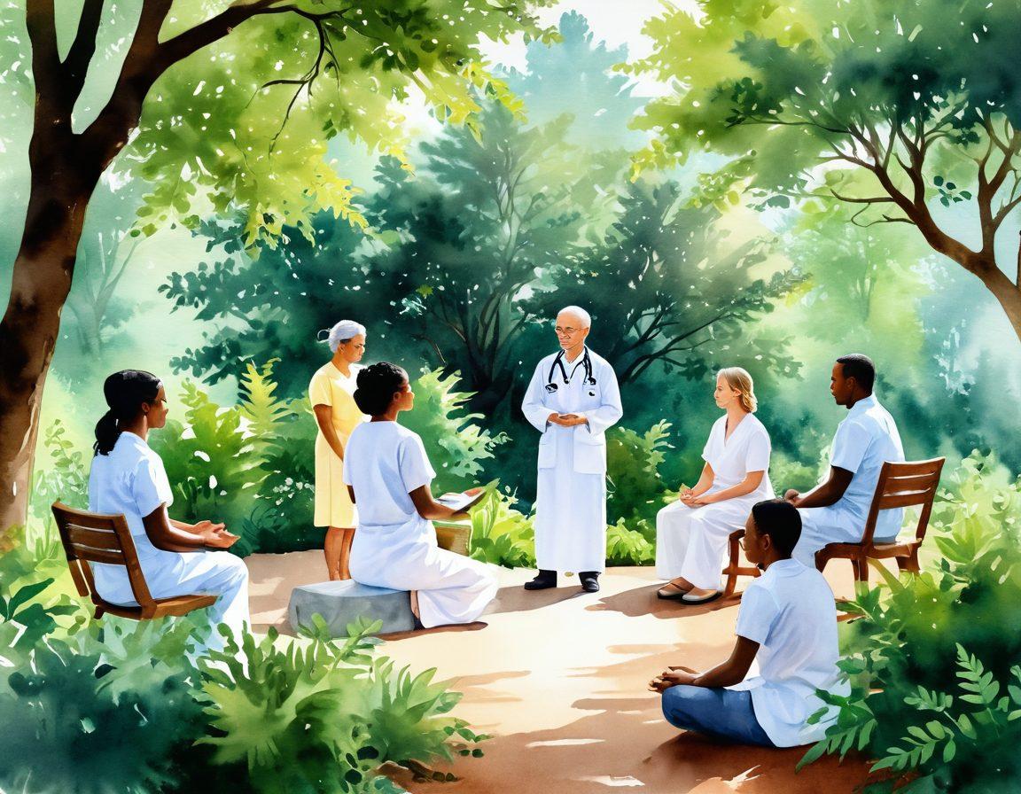 A serene healthcare scene with a compassionate physician guiding a diverse group of patients, surrounded by lush greenery symbolizing well-being. Incorporate elements of wellness methods like meditation, healthy eating, and exercise, blending them harmoniously into the environment. Include soft sunlight streaming through leaves to enhance the atmosphere of hope and positivity. watercolor style. vibrant colors. soft focus.
