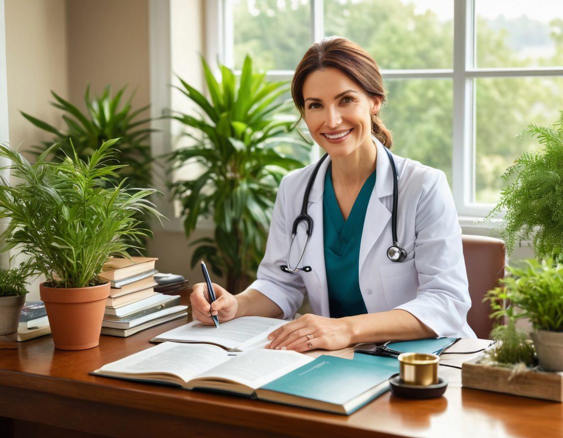 A serene doctor in a peaceful office setting, surrounded by plants and wellness books, sharing health tips with a smiling patient. Visual elements include a stethoscope, a healthy meal on the table, and a large window letting in natural light. The atmosphere is warm and inviting, emphasizing trust and well-being. super-realistic. vibrant colors. calming tones.